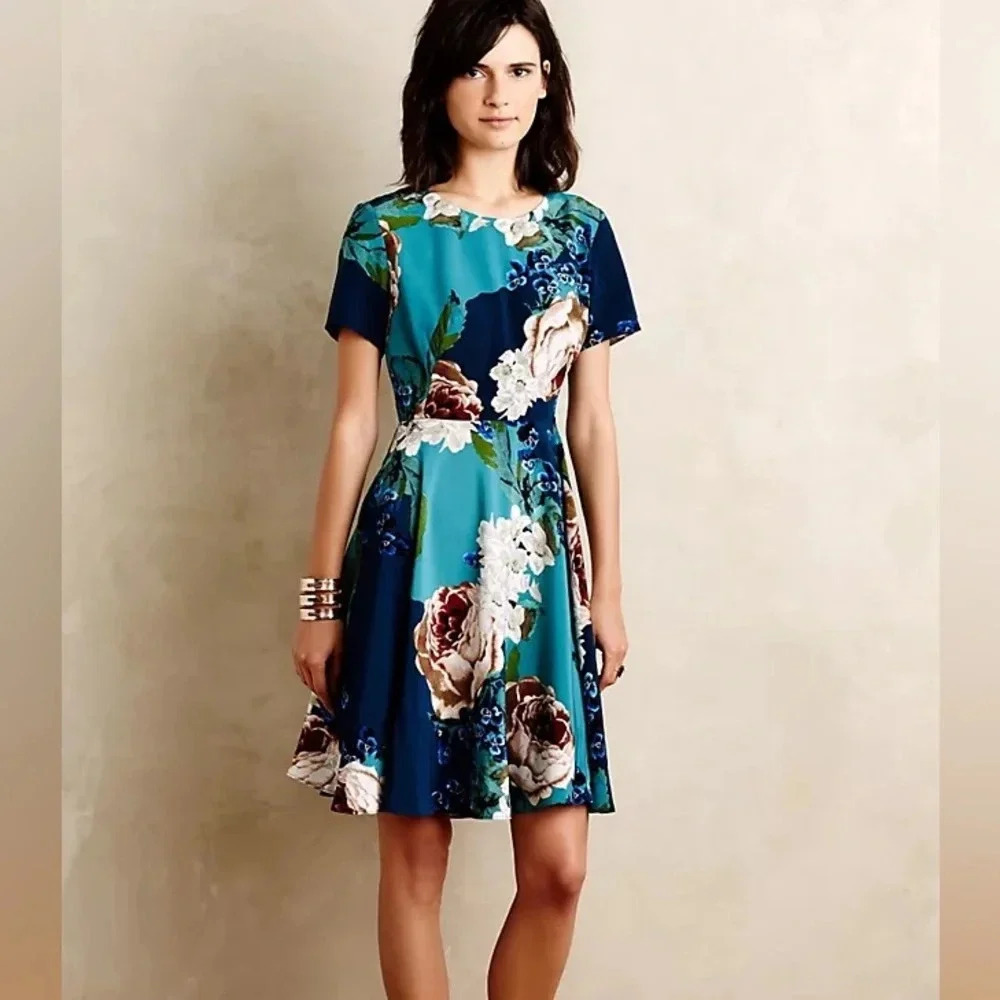 Anthropologie paeonia blue floral dress Corey Lynn calter 12 sleeves fit & flare